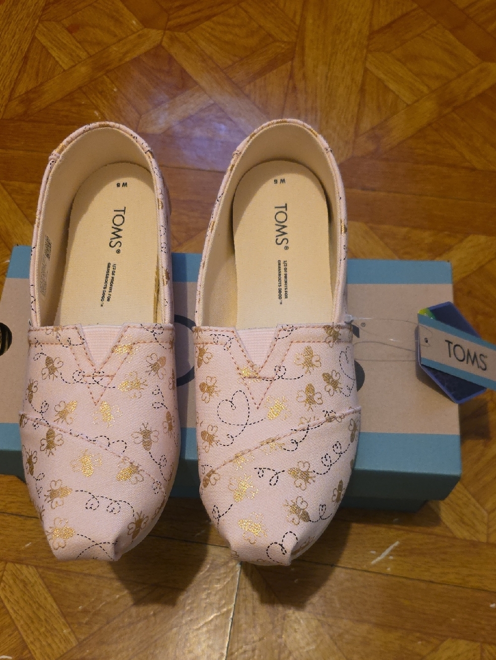 TOMS Pink Canvas Slip-On Shoes with Gold Bee Accents